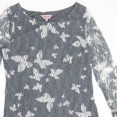Phase Eight Womens Grey Geometric Polyester Sheath Size 12 Boat Neck Pullover - Butterfly Print