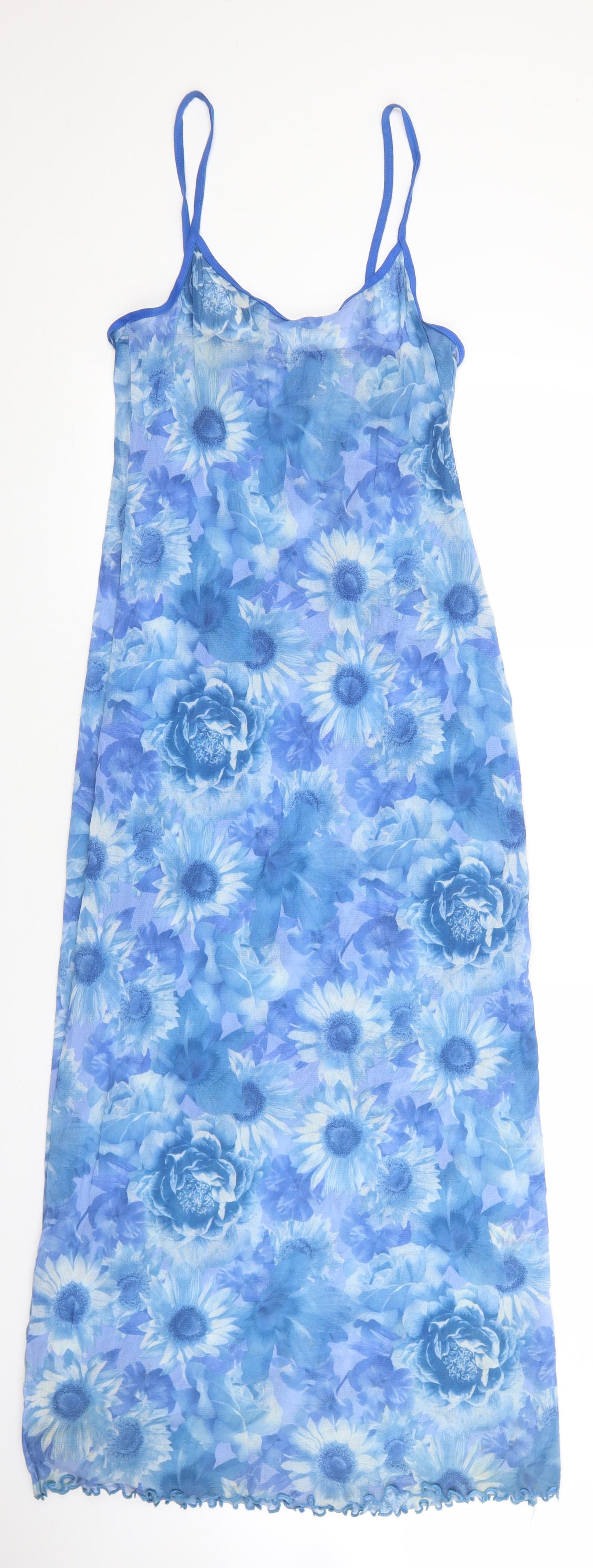 Topshop Womens Blue Floral Polyamide Slip Dress Size 12 Scoop Neck Pullover