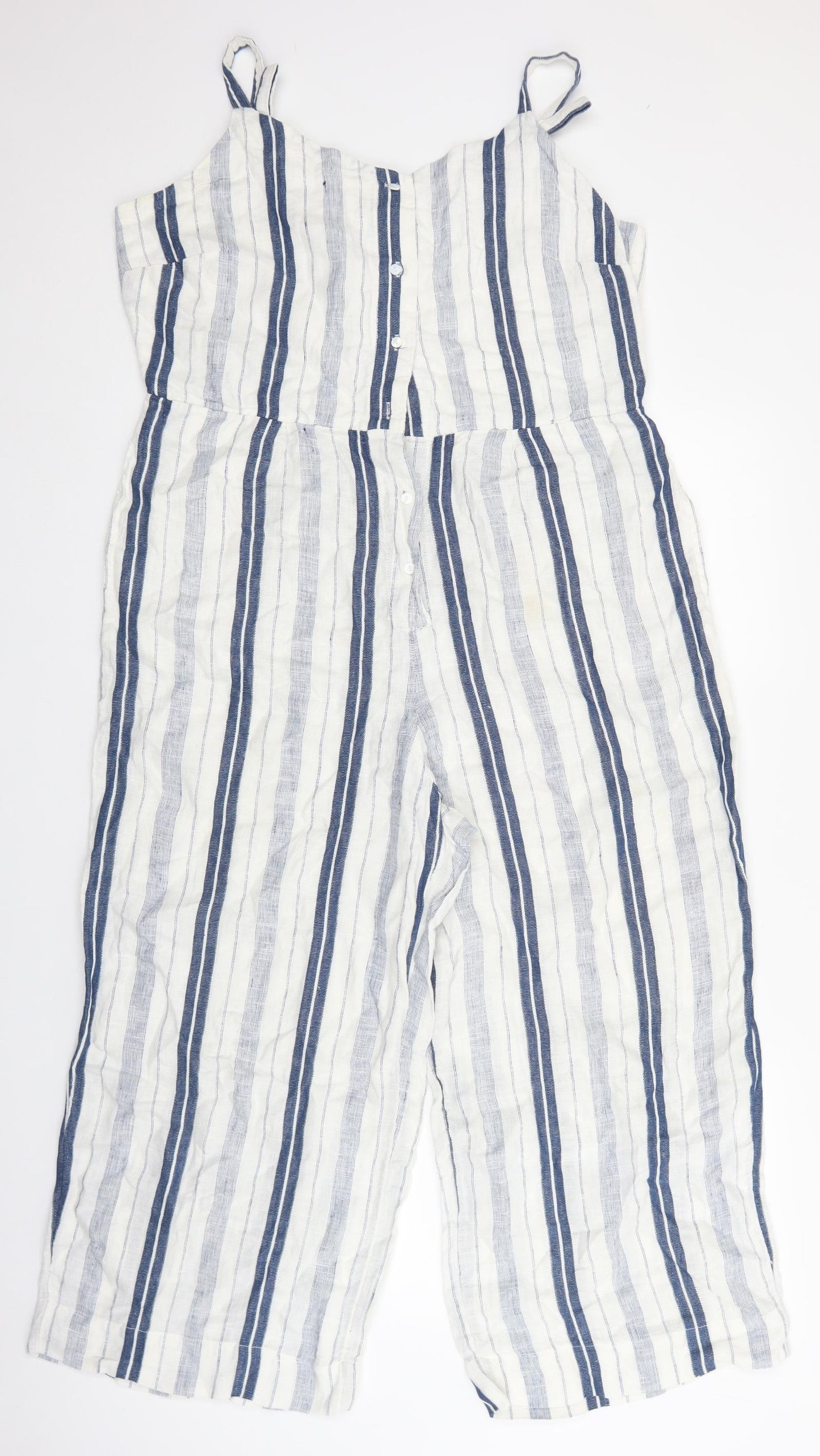 Monsoon Womens Blue Striped 100% Cotton Jumpsuit One-Piece Size 14 L23 in Button