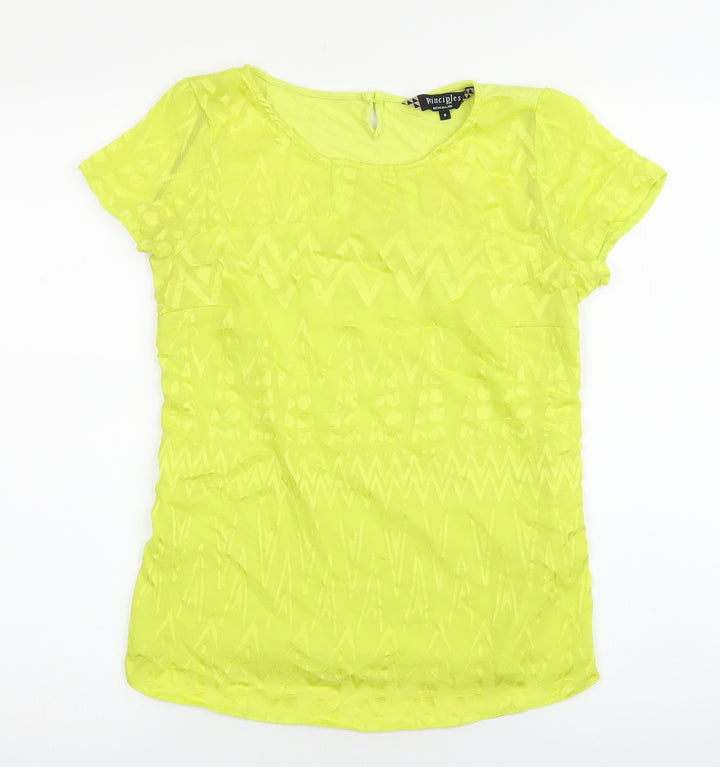 Debenhams Womens Yellow Geometric Polyester Basic T-Shirt Size 8 Boat Neck