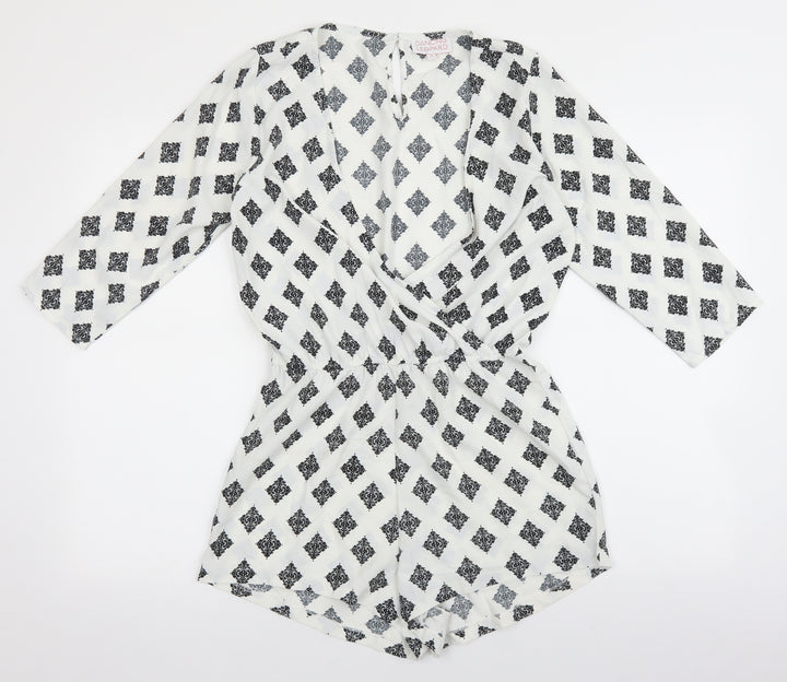 DANCING LEOPARD Womens White Geometric Polyester Playsuit One-Piece Size 8 Button