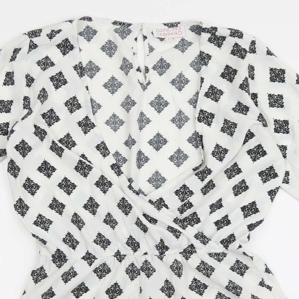 DANCING LEOPARD Womens White Geometric Polyester Playsuit One-Piece Size 8 Button
