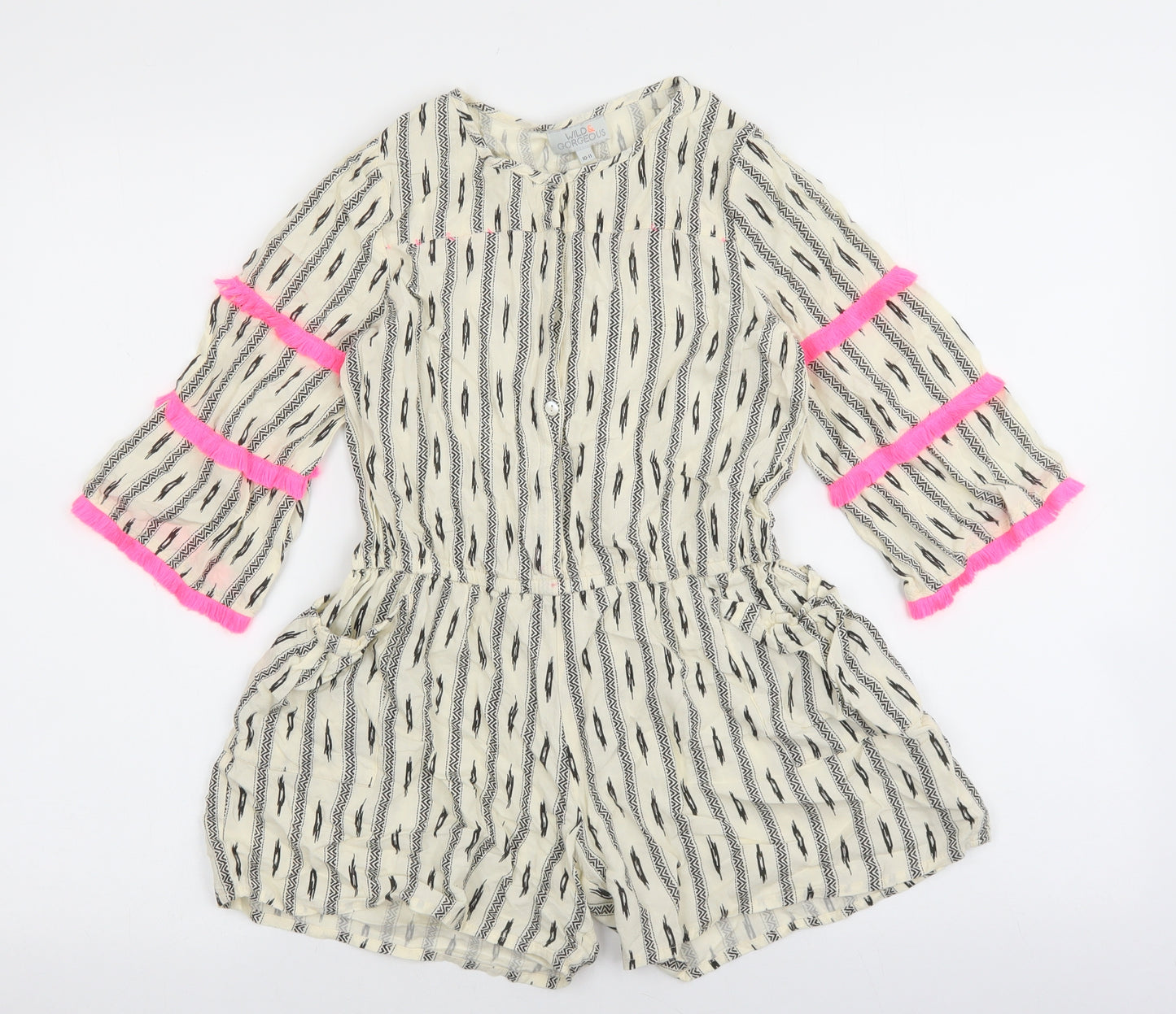 Wild & Gorgeous Girls Beige Geometric Viscose Playsuit One-Piece Size 10-11 Years Button