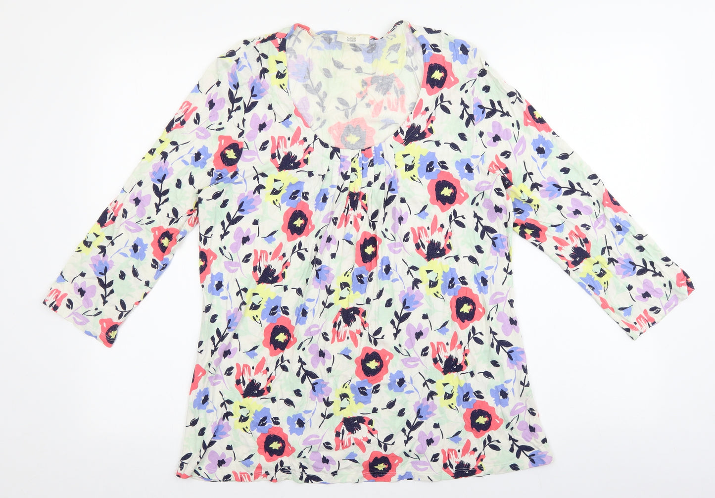 Marks and Spencer Womens Multicoloured Floral Viscose Basic T-Shirt Size 14 Scoop Neck