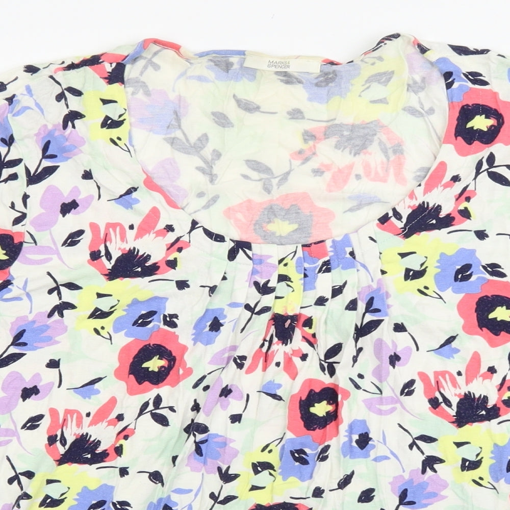 Marks and Spencer Womens Multicoloured Floral Viscose Basic T-Shirt Size 14 Scoop Neck