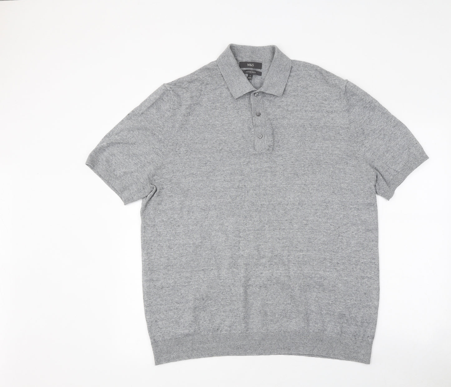 Marks and Spencer Mens Grey Cotton Polo Size XL Collared Button