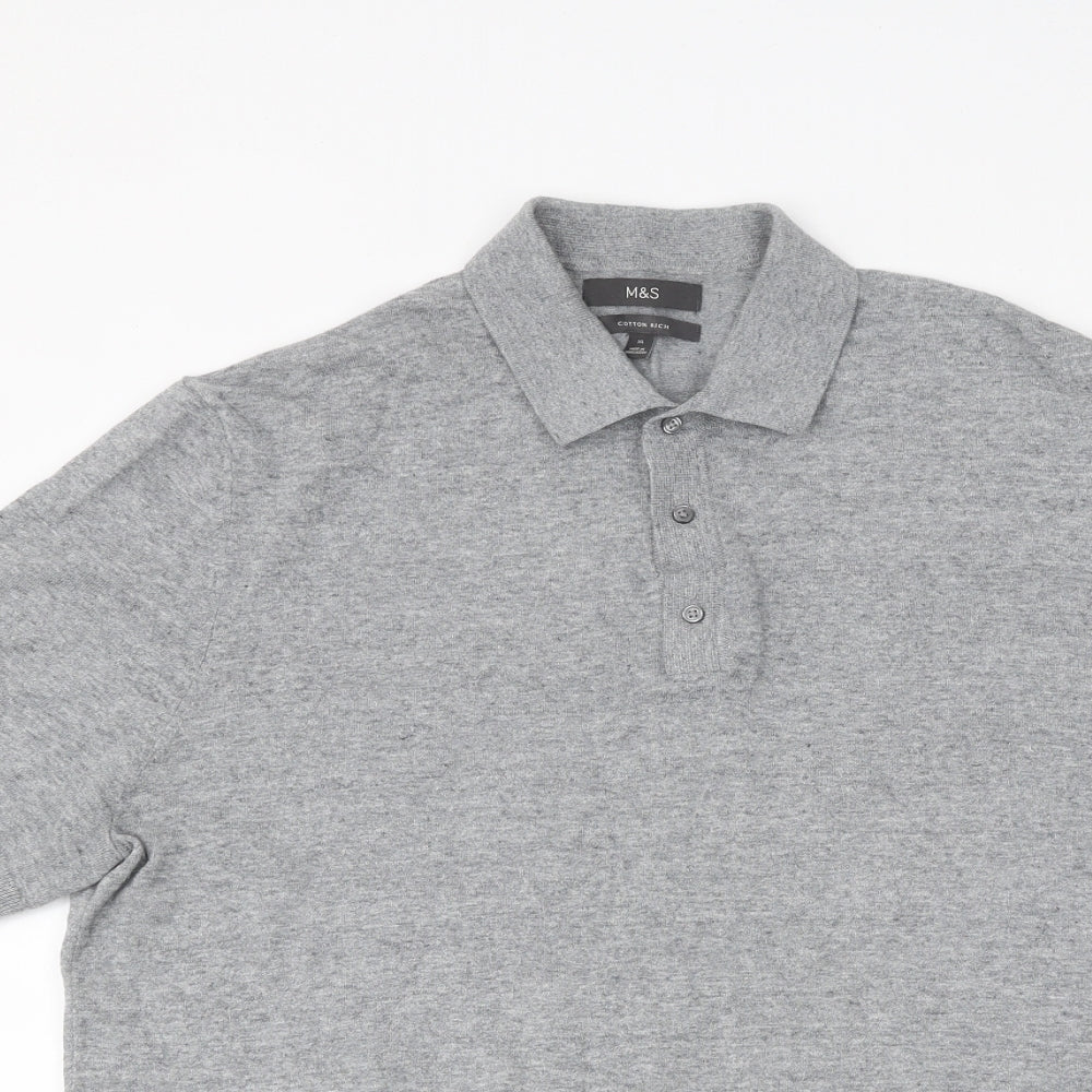 Marks and Spencer Mens Grey Cotton Polo Size XL Collared Button