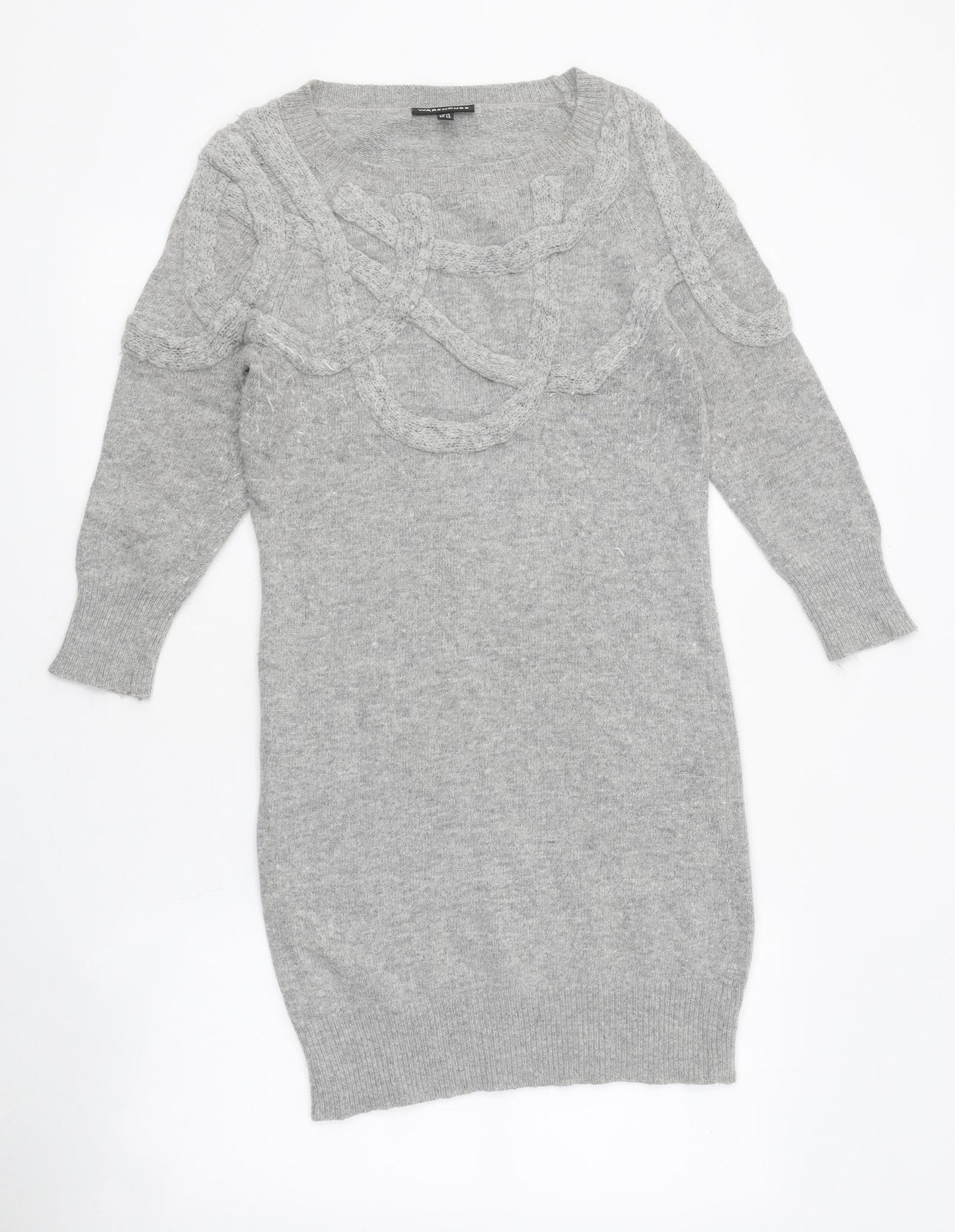 Warehouse Womens Grey Viscose Jumper Dress Size 10 Boat Neck Pullover