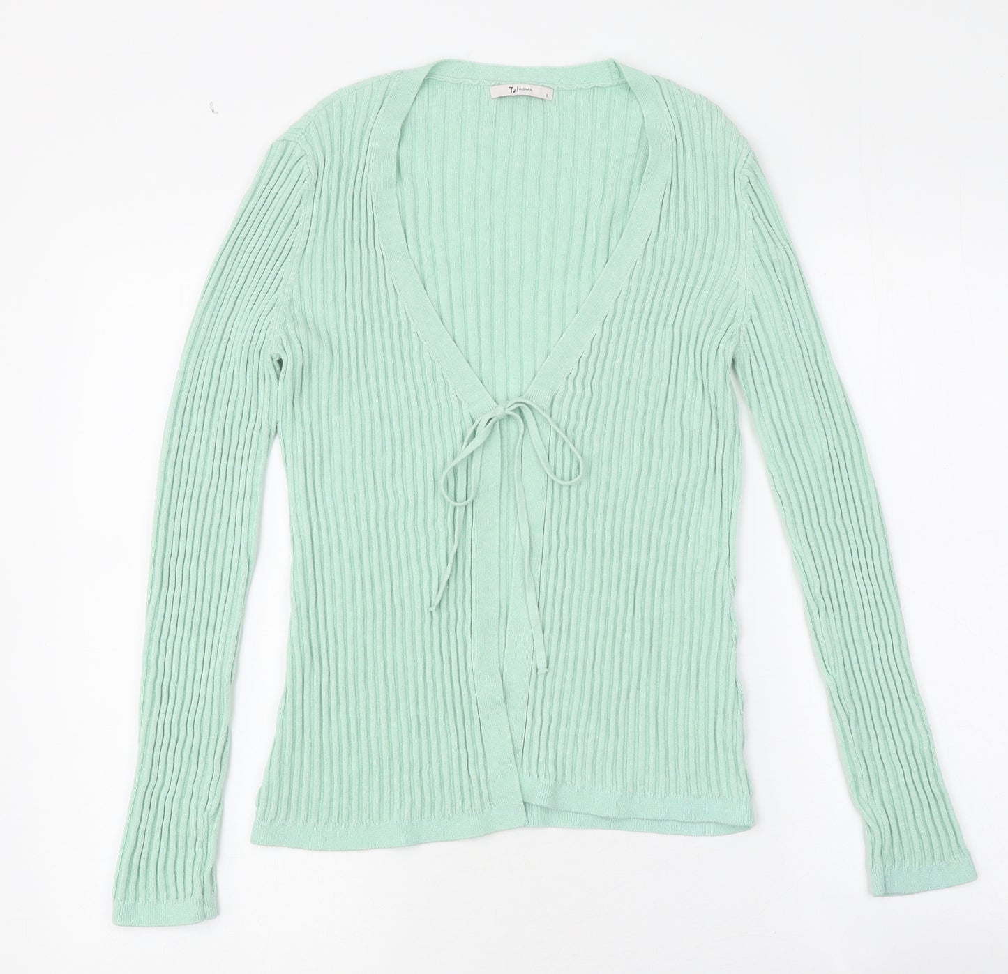 TU Womens Green V-Neck Acrylic Cardigan Jumper Size 8 - Ribbed Tie Front