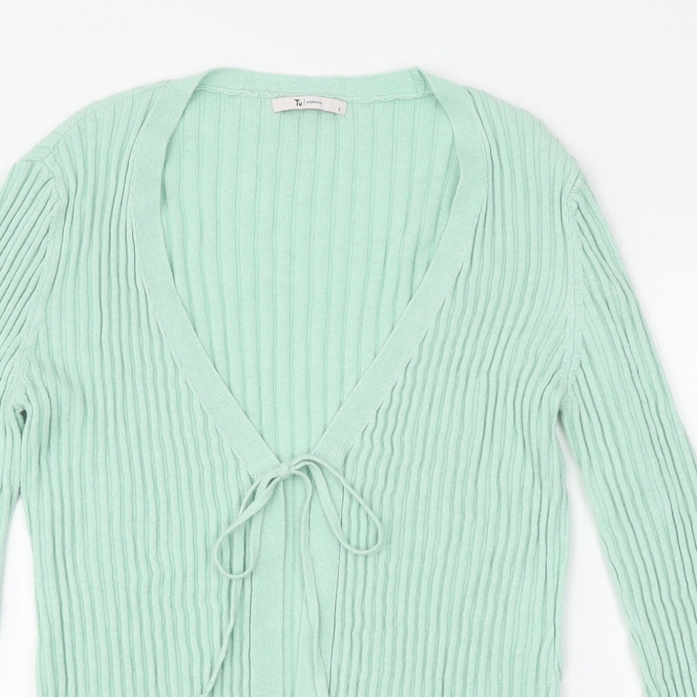 TU Womens Green V-Neck Acrylic Cardigan Jumper Size 8 - Ribbed Tie Front