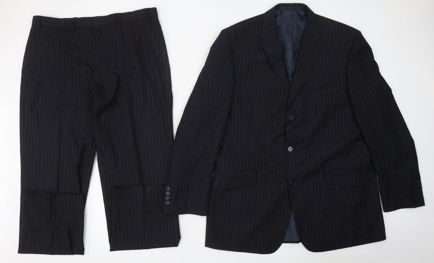 Marks and Spencer Mens Black Striped Polyester 2 Piece Suit Size 42