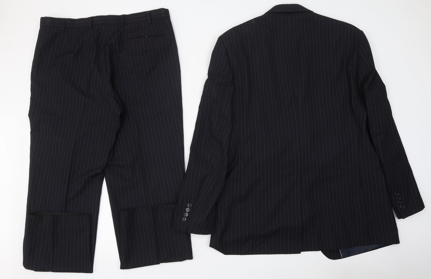 Marks and Spencer Mens Black Striped Polyester 2 Piece Suit Size 42