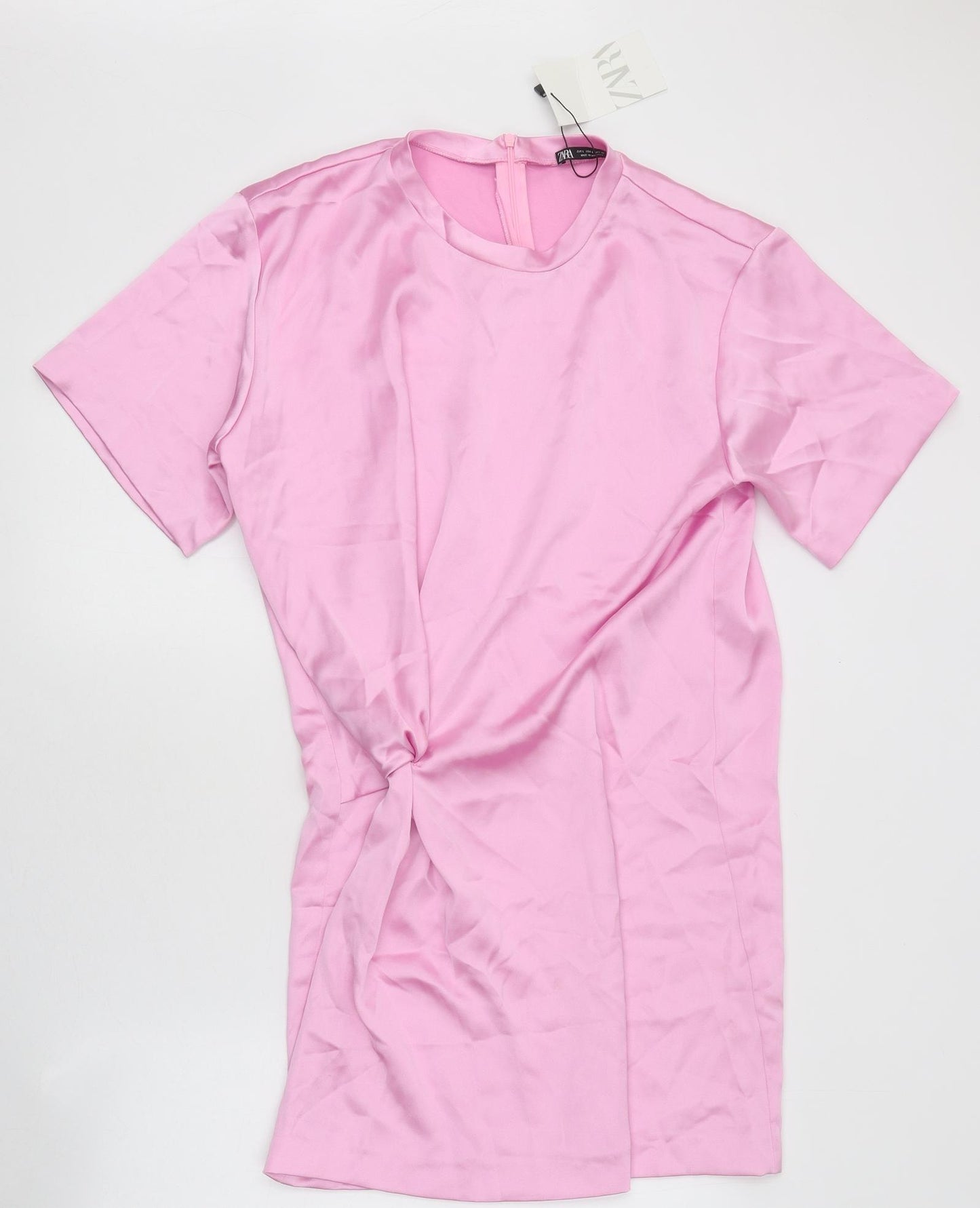 Zara Womens Pink Polyester T-Shirt Dress Size L Crew Neck Zip