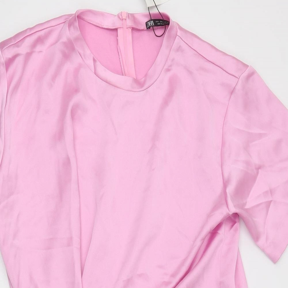 Zara Womens Pink Polyester T-Shirt Dress Size L Crew Neck Zip