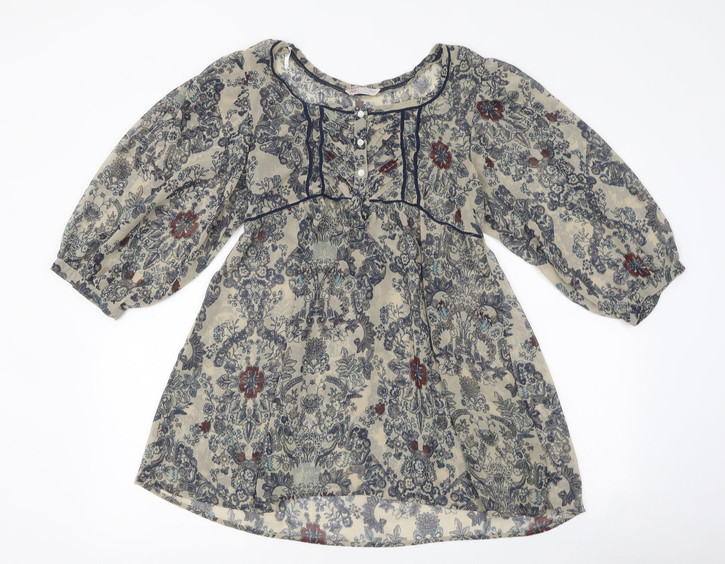 Marks and Spencer Womens Beige Floral Polyester Basic Blouse Size 12 Round Neck