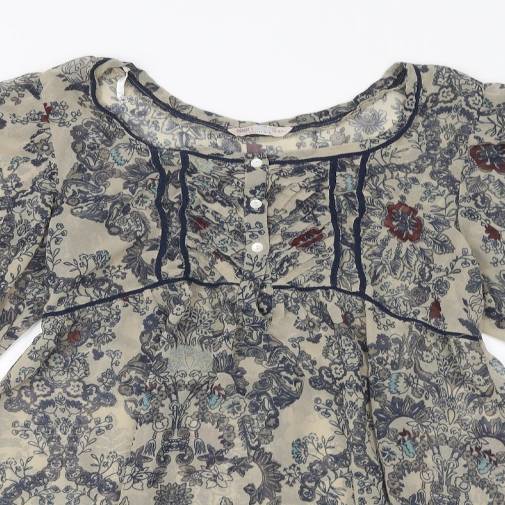 Marks and Spencer Womens Beige Floral Polyester Basic Blouse Size 12 Round Neck