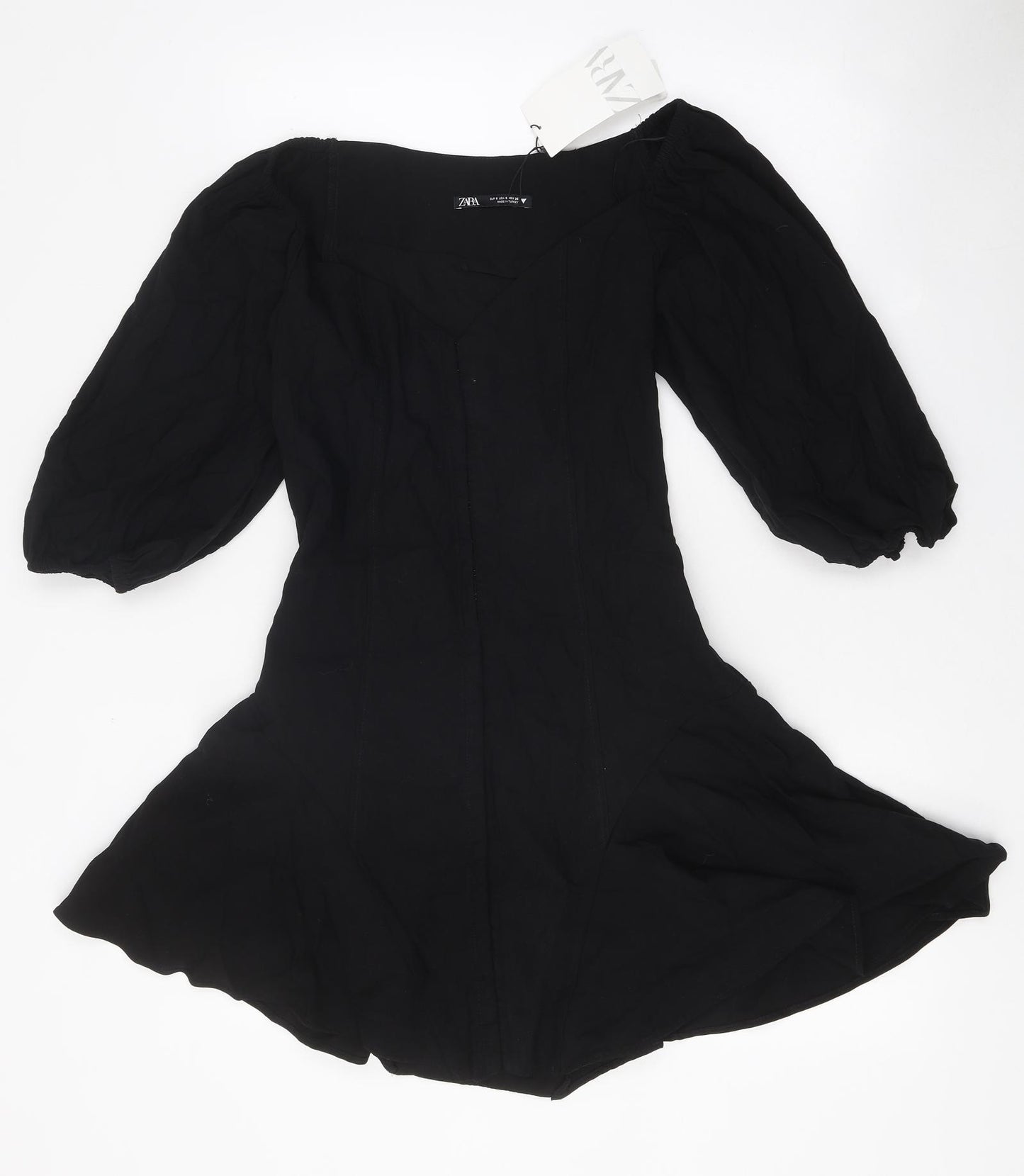 Zara Womens Black Polyester Skater Dress Size S V-Neck Hook & Loop