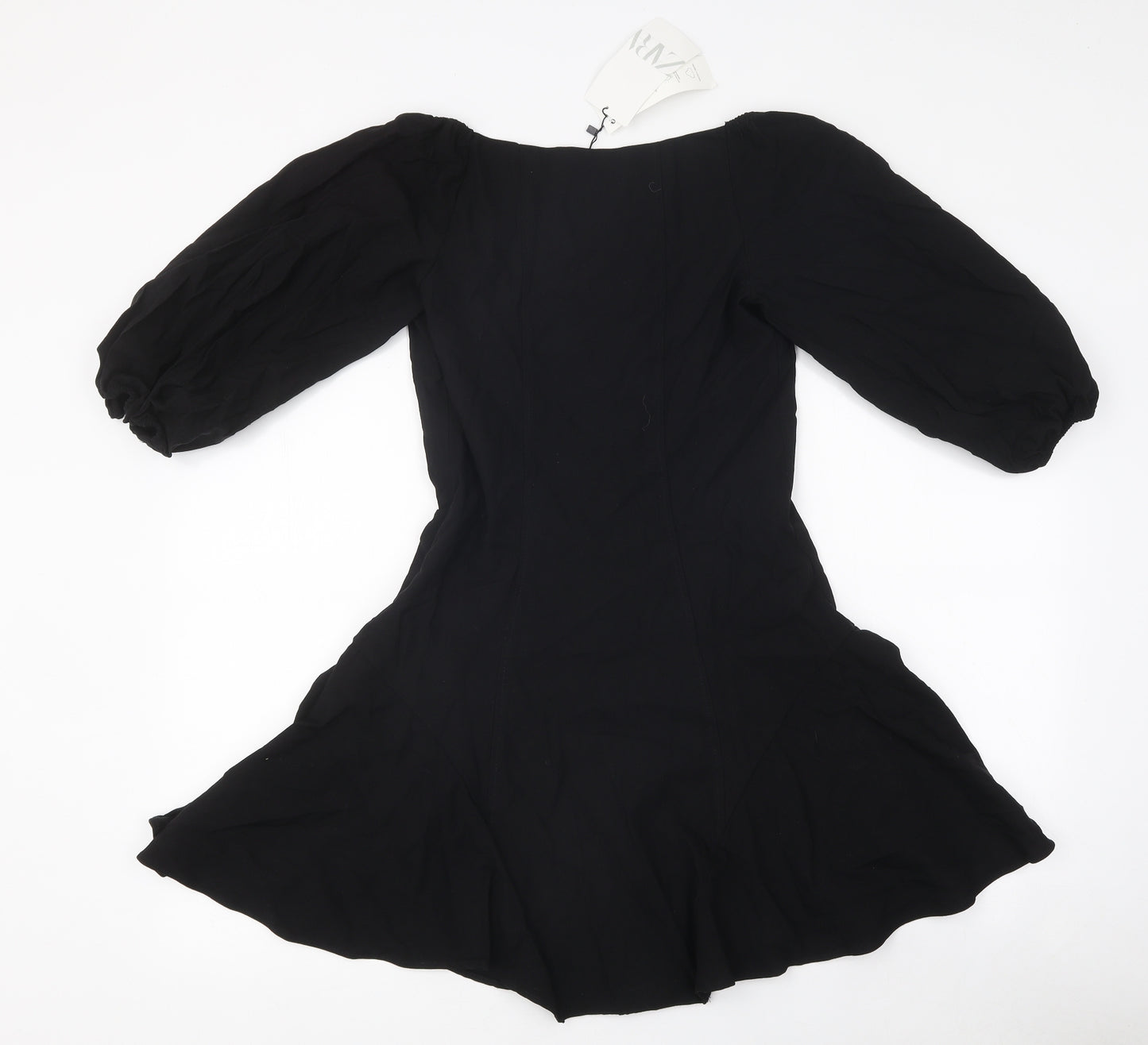 Zara Womens Black Polyester Skater Dress Size S V-Neck Hook & Loop
