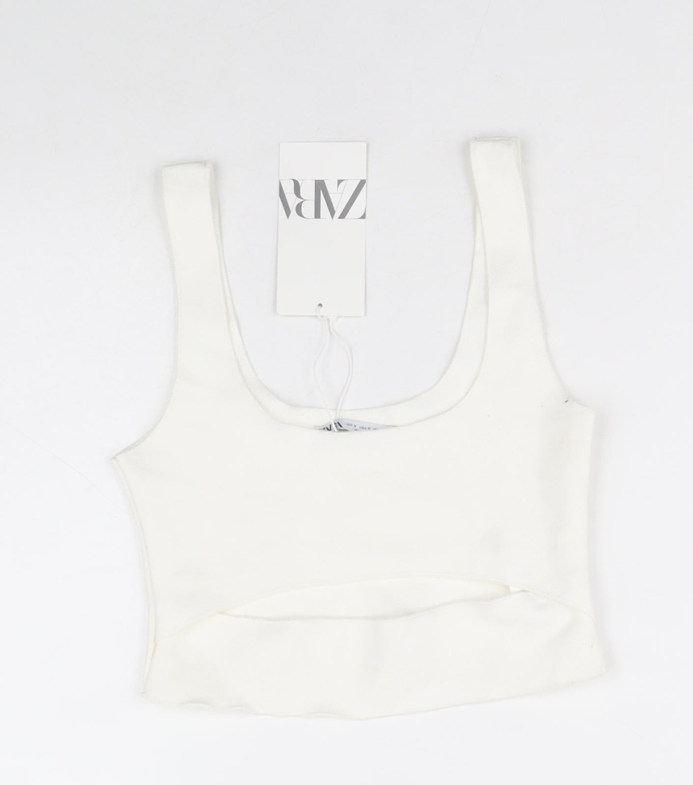 Zara Womens White Viscose Cropped Tank Size S Square Neck