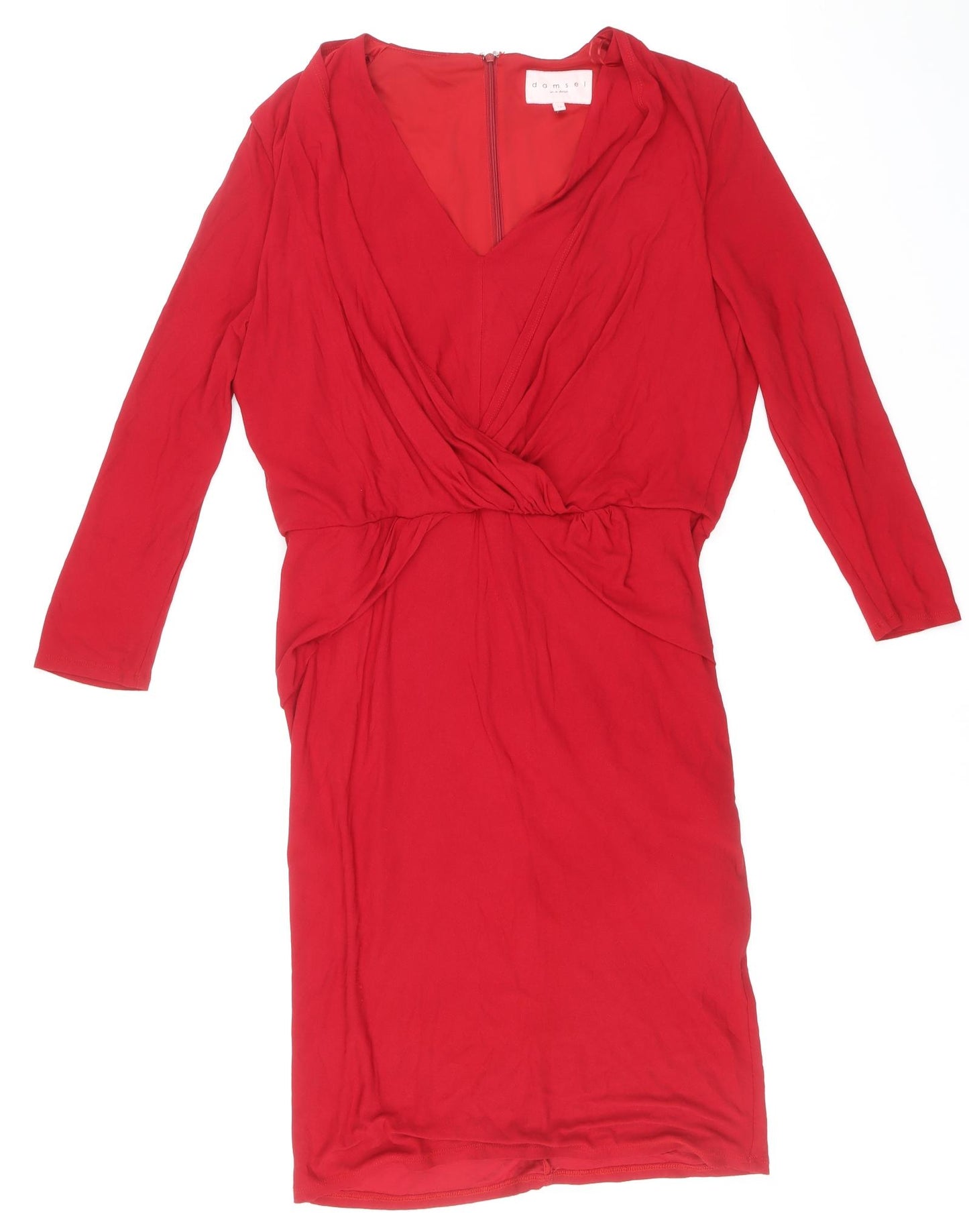 Damsel in a Dress Womens Red Acetate Pencil Dress Size 14 V-Neck Zip