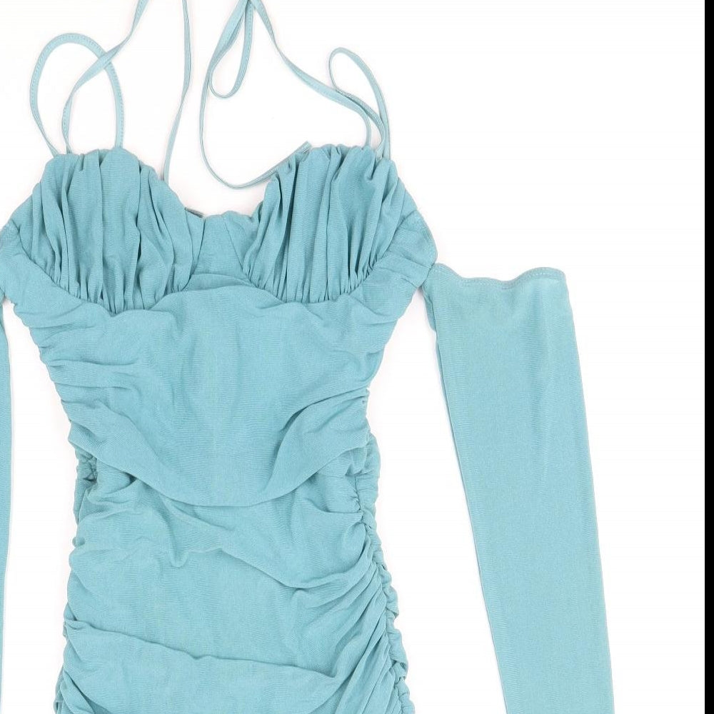 SheIn Womens Blue Polyamide Mini Size 6 Off the Shoulder Zip