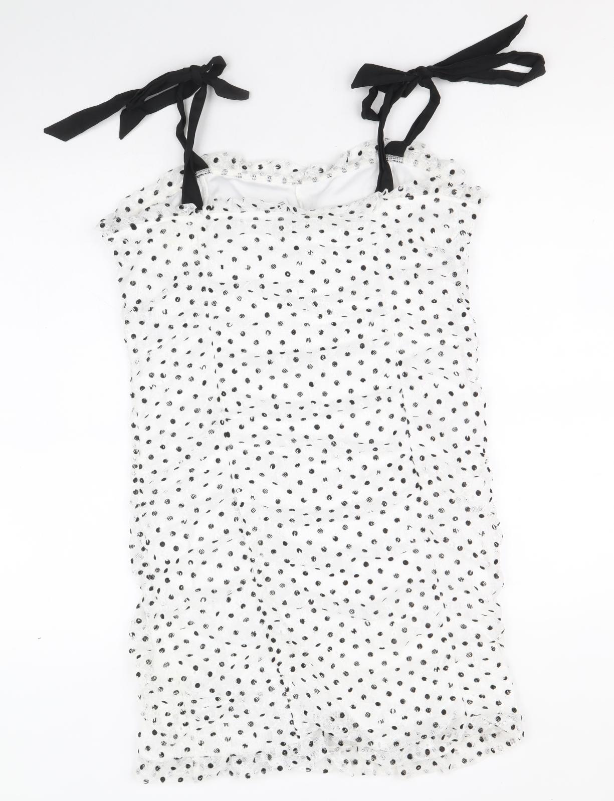 Topshop Womens White Polka Dot Nylon Mini Size 14 Sweetheart Tie