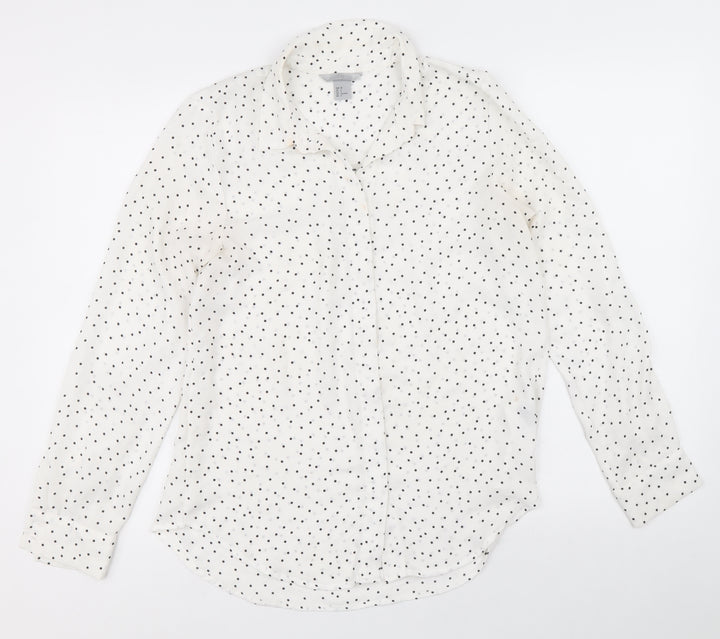 H&M Womens White Polka Dot Polyester Basic Button-Up Size 6 Collared