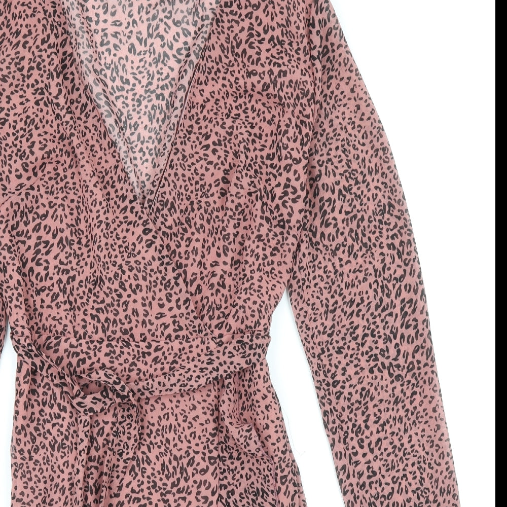 Missguided Womens Pink Animal Print Polyester Fit & Flare Size 8 V-Neck Zip