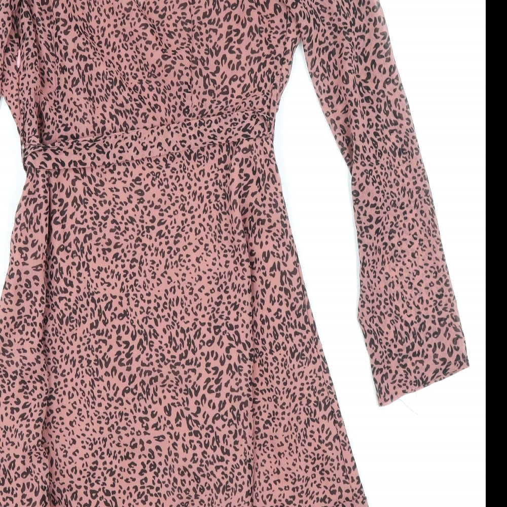 Missguided Womens Pink Animal Print Polyester Fit & Flare Size 8 V-Neck Zip