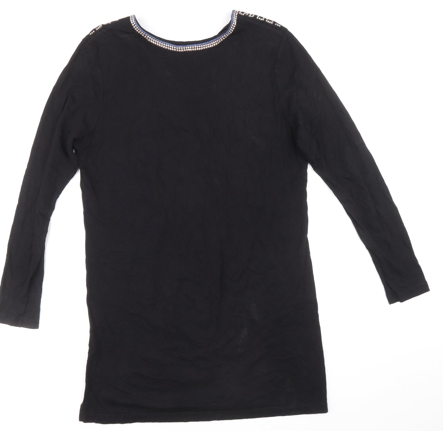 Jim Thompson Womens Black Lyocell Tunic Blouse Size M V-Neck - Embellished Neckline