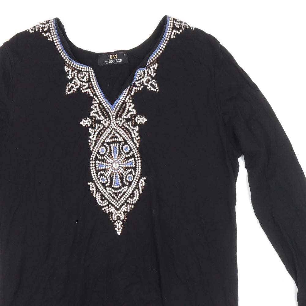 Jim Thompson Womens Black Lyocell Tunic Blouse Size M V-Neck - Embellished Neckline