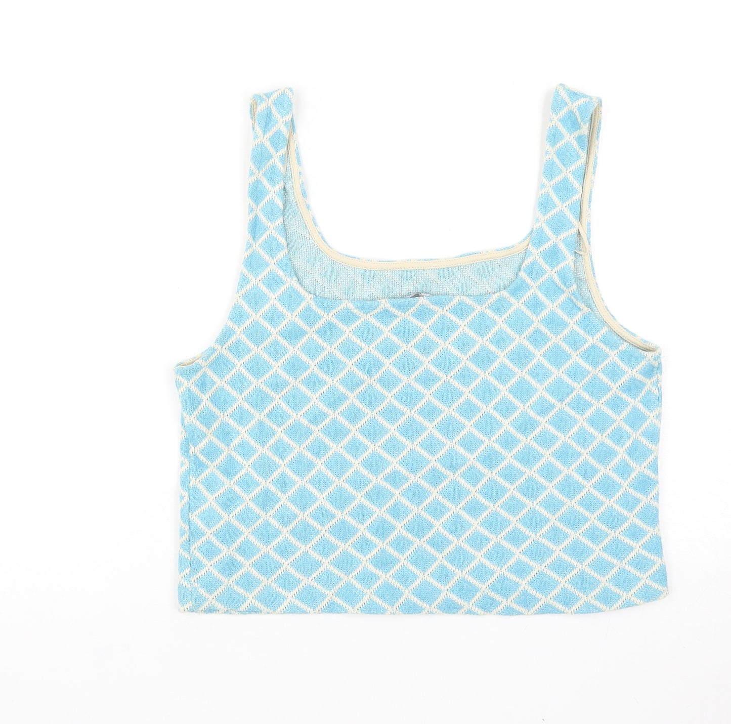 Zara Womens Blue Geometric Cotton Basic Tank Size M Square Neck