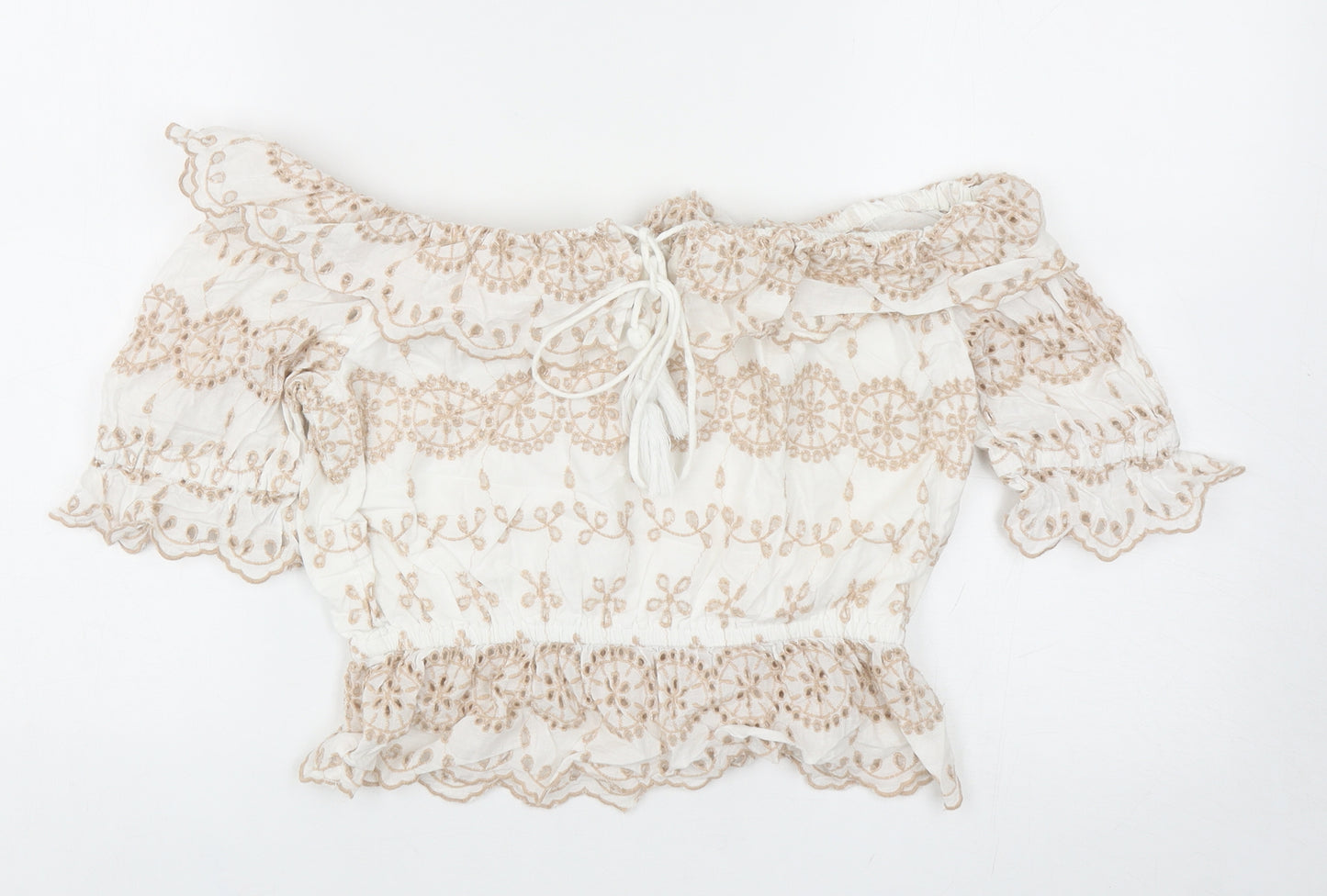 River Island Womens White Geometric Cotton Cropped Blouse Size 8 Off the Shoulder