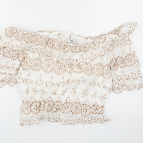 River Island Womens White Geometric Cotton Cropped Blouse Size 8 Off the Shoulder