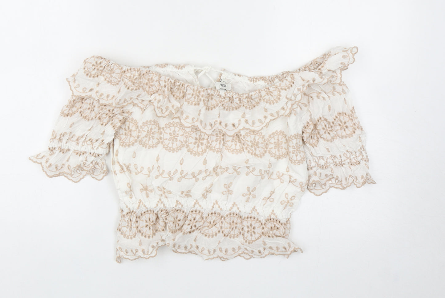 River Island Womens White Geometric Cotton Cropped Blouse Size 8 Off the Shoulder