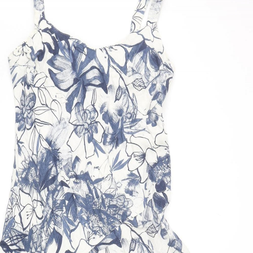 Per Una Womens Blue Floral Linen Fit & Flare Size 12 Square Neck Pullover