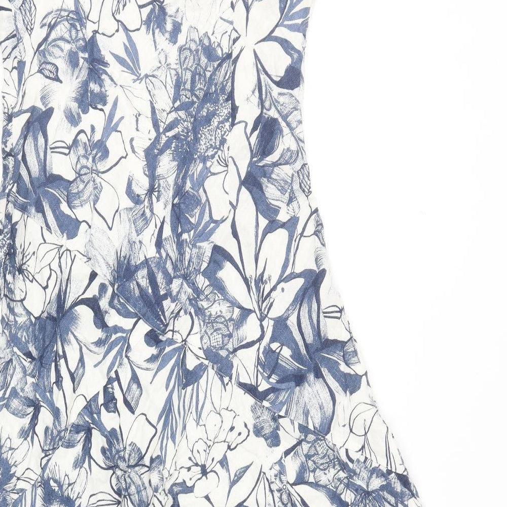 Per Una Womens Blue Floral Linen Fit & Flare Size 12 Square Neck Pullover