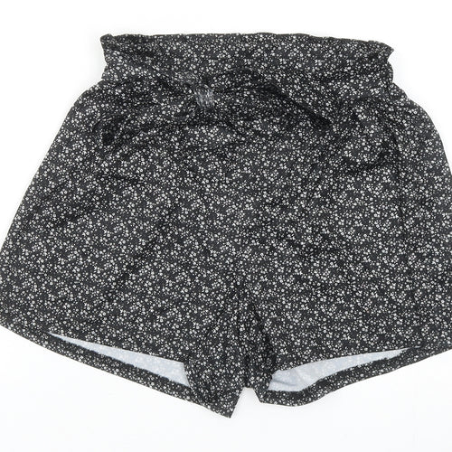 PRETTYLITTLETHING Womens Black Floral Polyester Culotte Shorts Size 6 Regular Tie