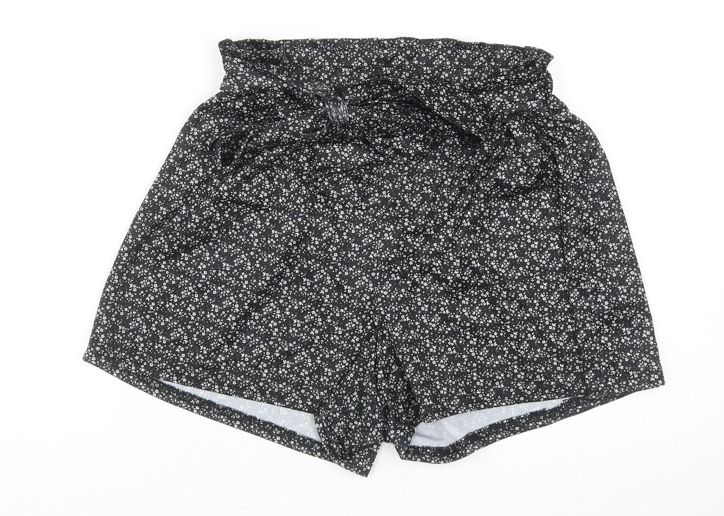 PRETTYLITTLETHING Womens Black Floral Polyester Culotte Shorts Size 6 Regular Tie