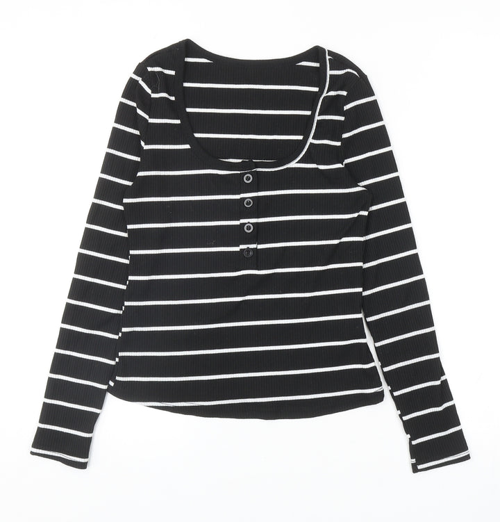 SheIn Womens Black Striped Polyester Basic T-Shirt Size S Scoop Neck