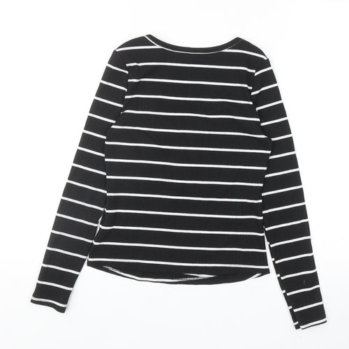 SheIn Womens Black Striped Polyester Basic T-Shirt Size S Scoop Neck