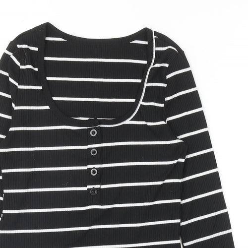 SheIn Womens Black Striped Polyester Basic T-Shirt Size S Scoop Neck