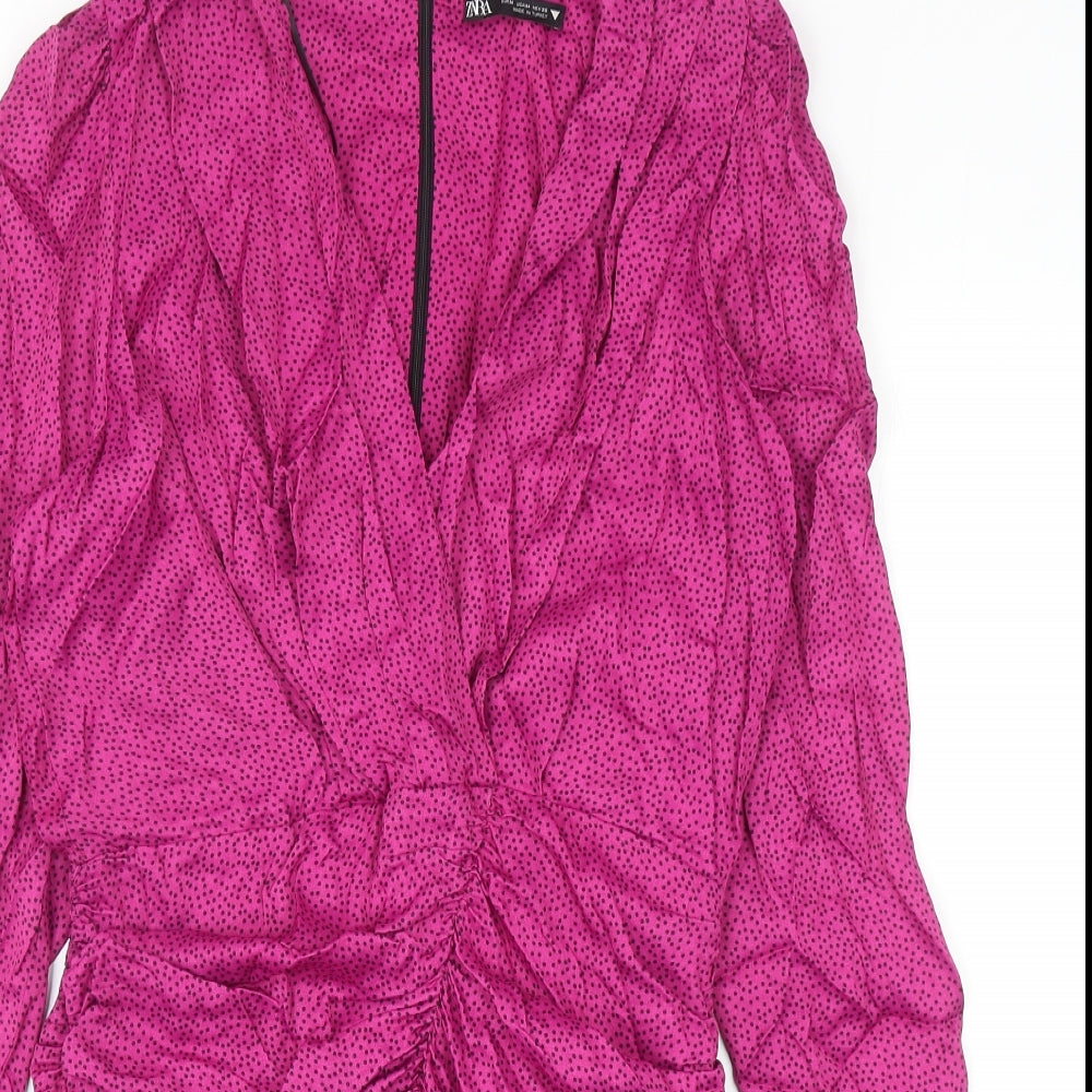 Zara Womens Pink Viscose Mini Size M V-Neck Zip