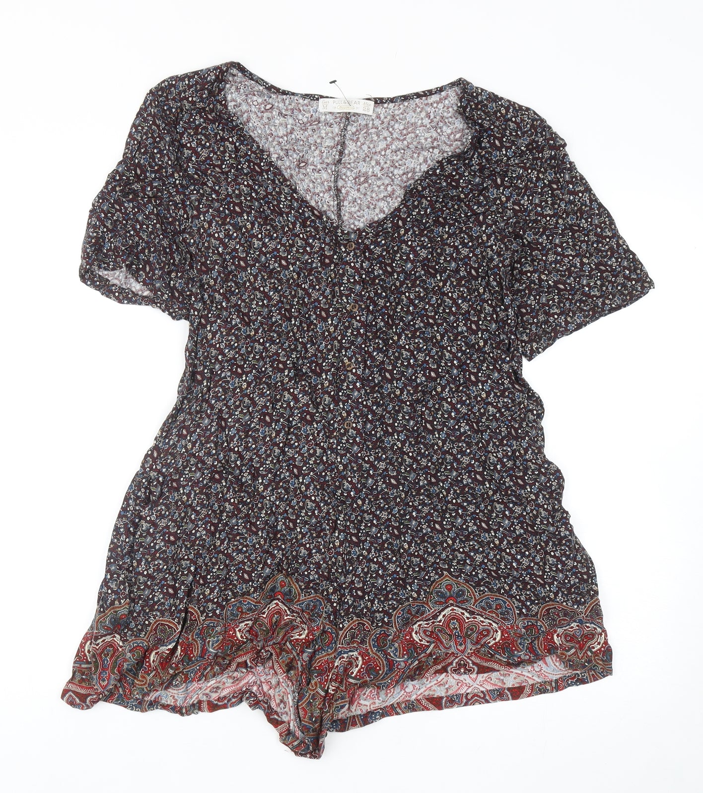 Pull&Bear Womens Multicoloured Geometric Viscose Playsuit One-Piece Size M Button