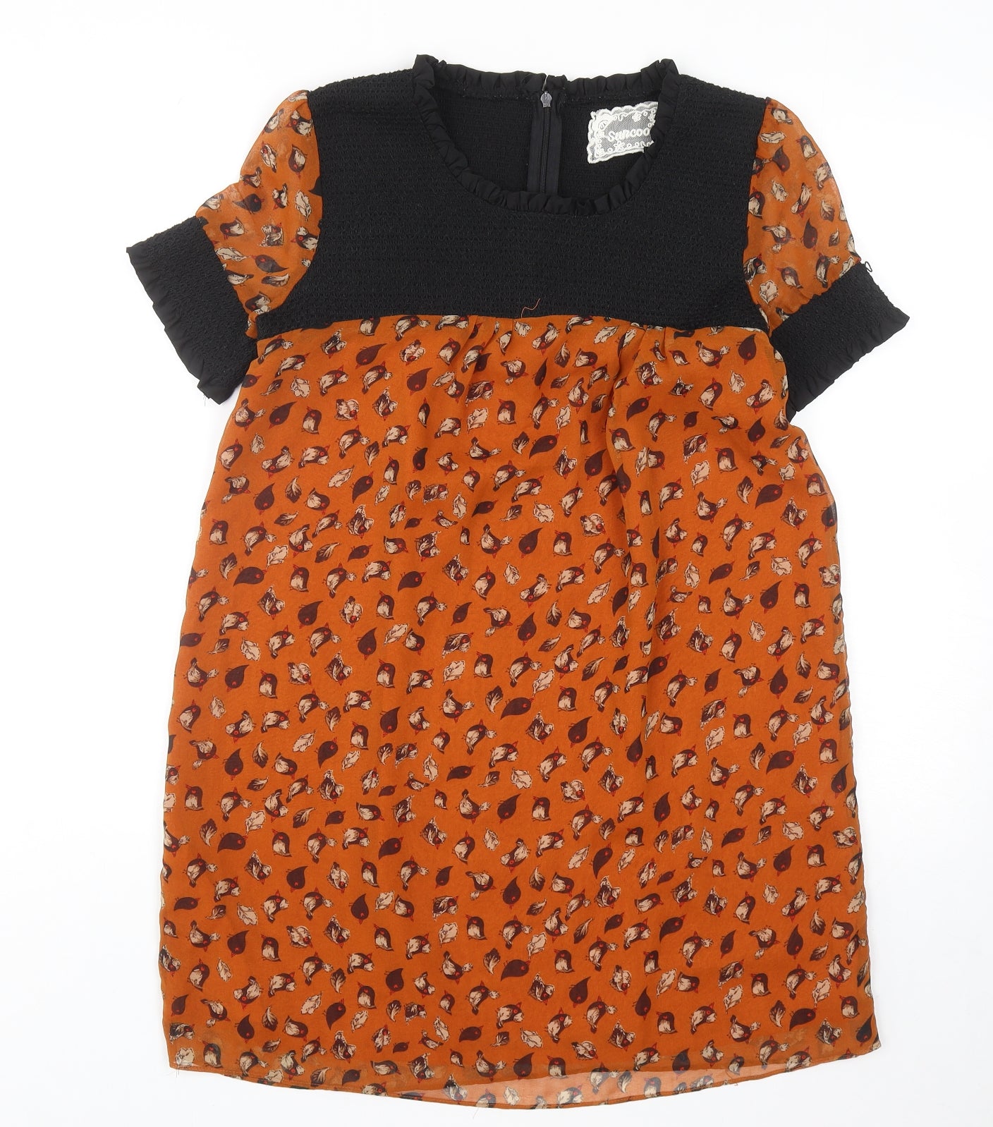 Suncoo Womens Orange Geometric Polyester Mini Size M Round Neck Zip