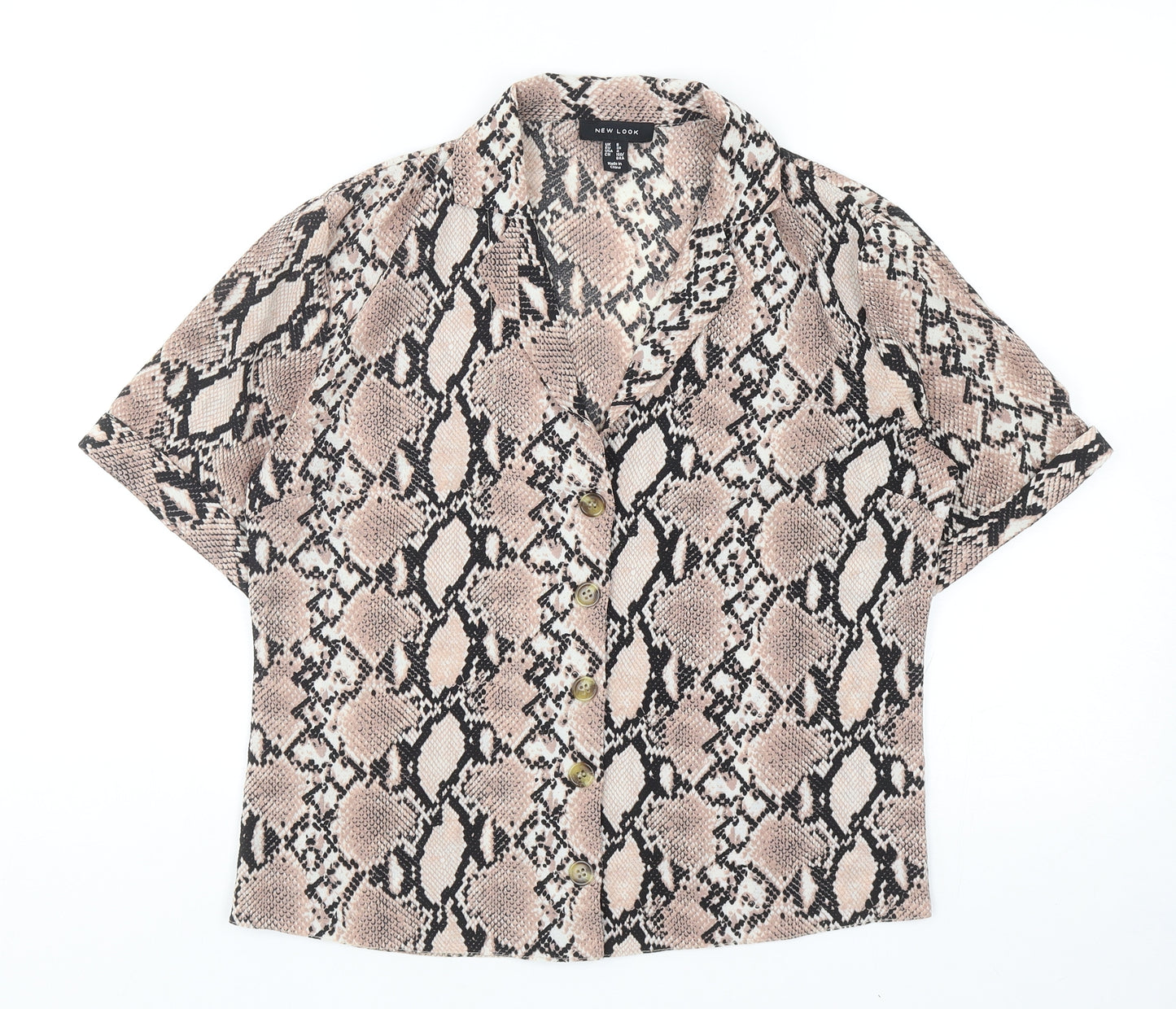New Look Womens Brown Animal Print Polyester Basic Button-Up Size 8 V-Neck