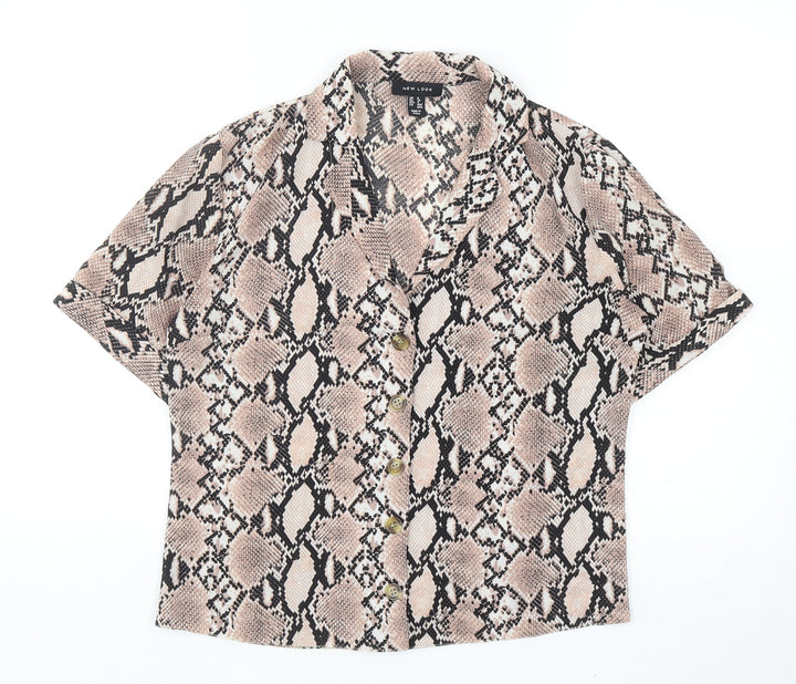 New Look Womens Brown Animal Print Polyester Basic Button-Up Size 8 V-Neck
