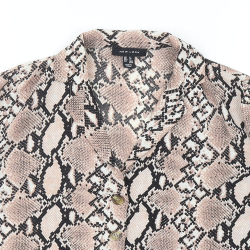 New Look Womens Brown Animal Print Polyester Basic Button-Up Size 8 V-Neck