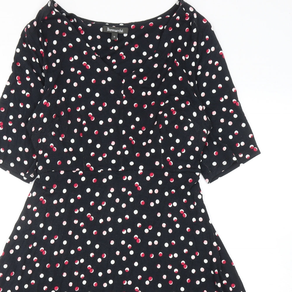 Bonmarché Womens Black Geometric Viscose Fit & Flare Size 12 Boat Neck Pullover