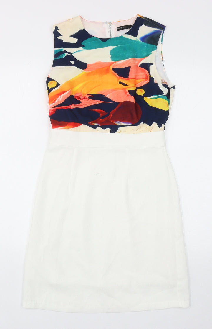 Pardini Womens White Geometric Polyester Shift Size S Boat Neck Zip
